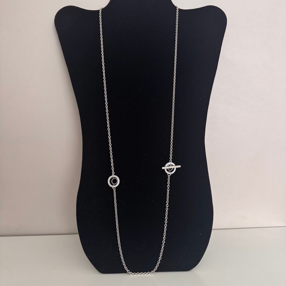 Pandora Sterling Silver Pavé Circle Logo T-bar Necklace 925